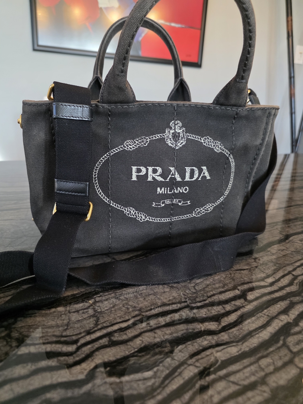 Authentic PRADA Canapa Black Canvas 2-Way Shopping Hand Shoulder Bag Purse - Picture 11 of 16